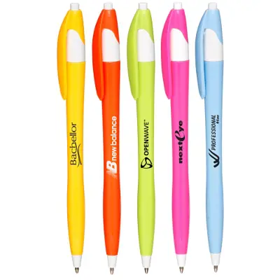 Colorful pens with logos in a row.