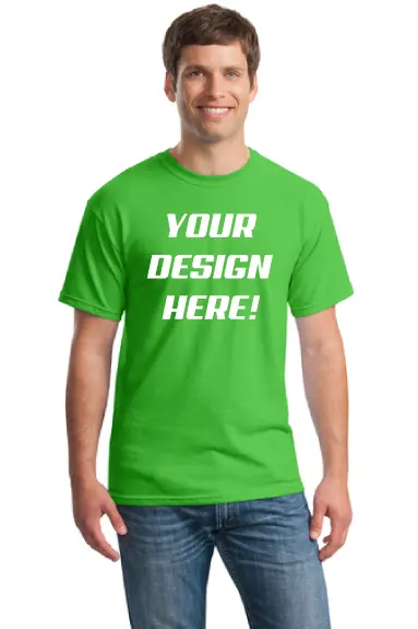 Man in green "Your Design Here" shirt.
