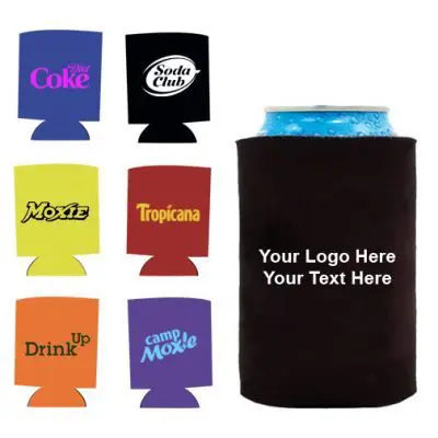 Customizable can coolers with various logos.
