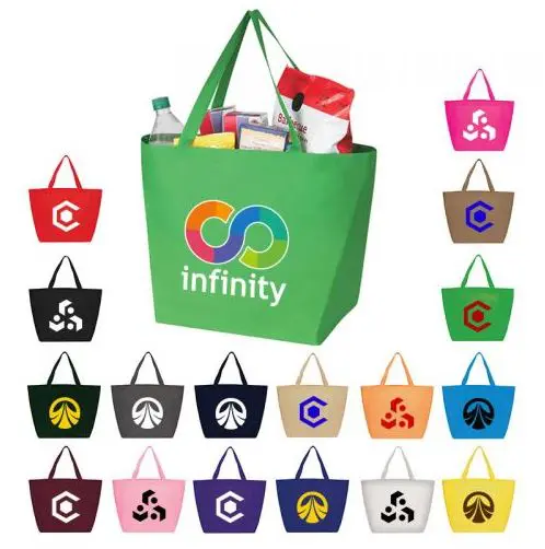Colorful reusable shopping bags with logos displayed.
