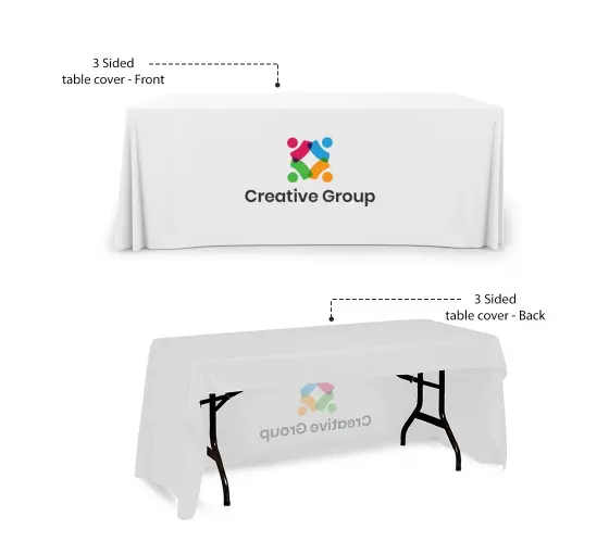 White table cover with logo, front and back.