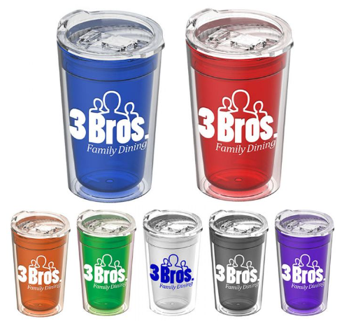 Colorful branded tumblers with "3 Bros" logo.