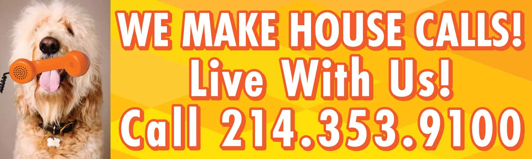 Dog holding phone with contact information.