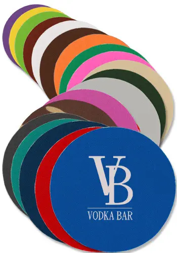 Colorful circle coasters with "VB Vodka Bar".