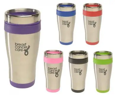 Stainless steel travel mugs, assorted colored lids.