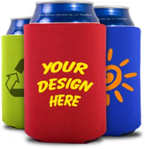 Colorful beverage can holders with designs.
