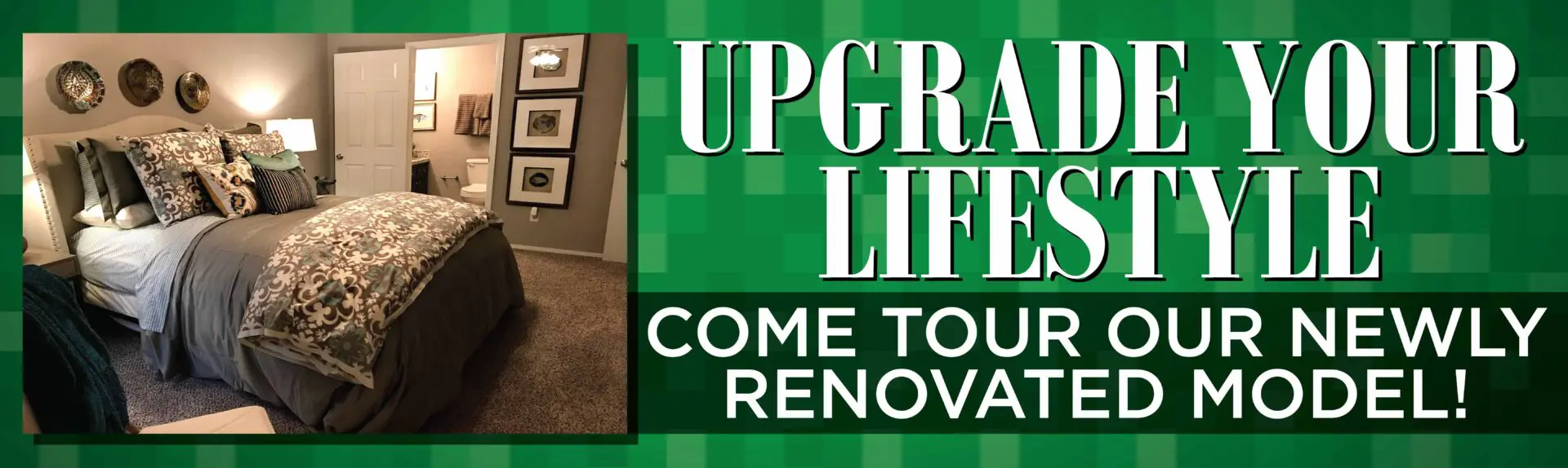 Bedroom renovation advertisement with tour invitation.