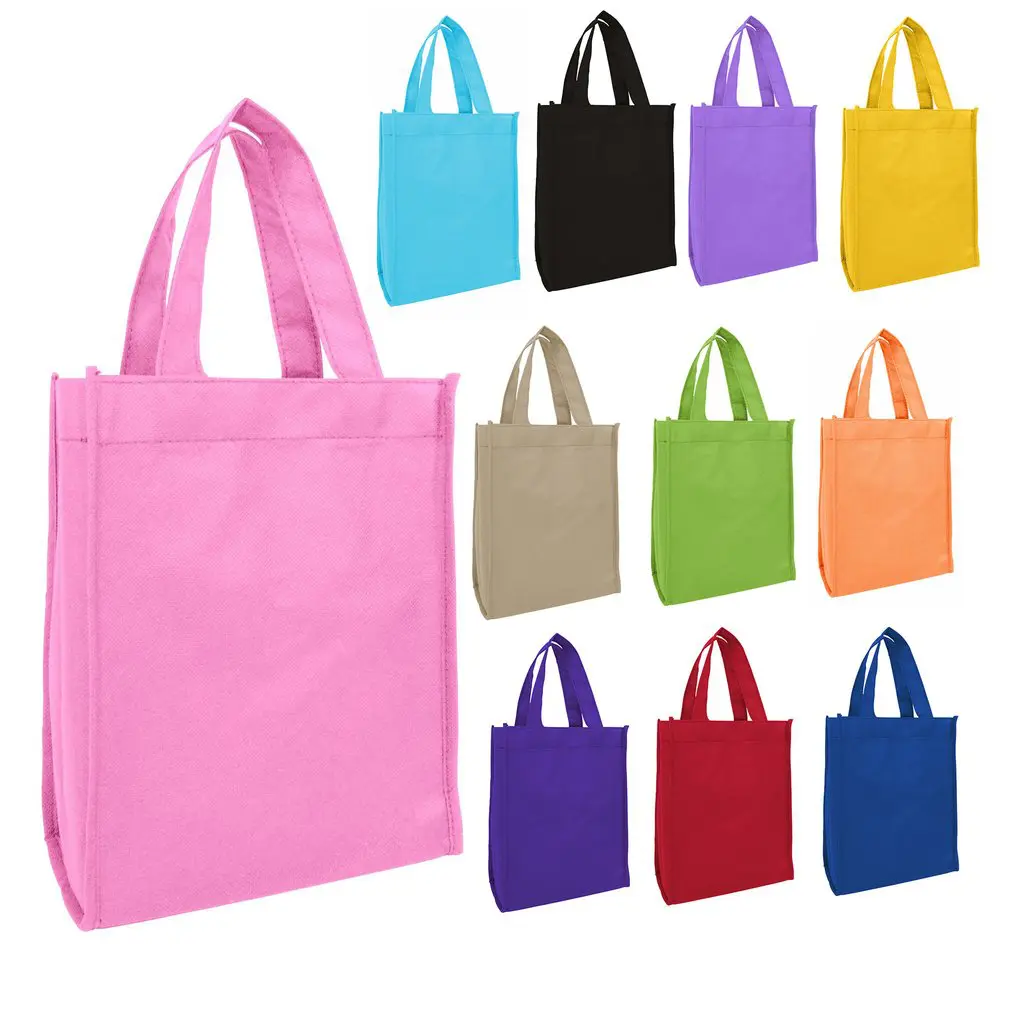 Colorful tote bags arranged in grid pattern.
