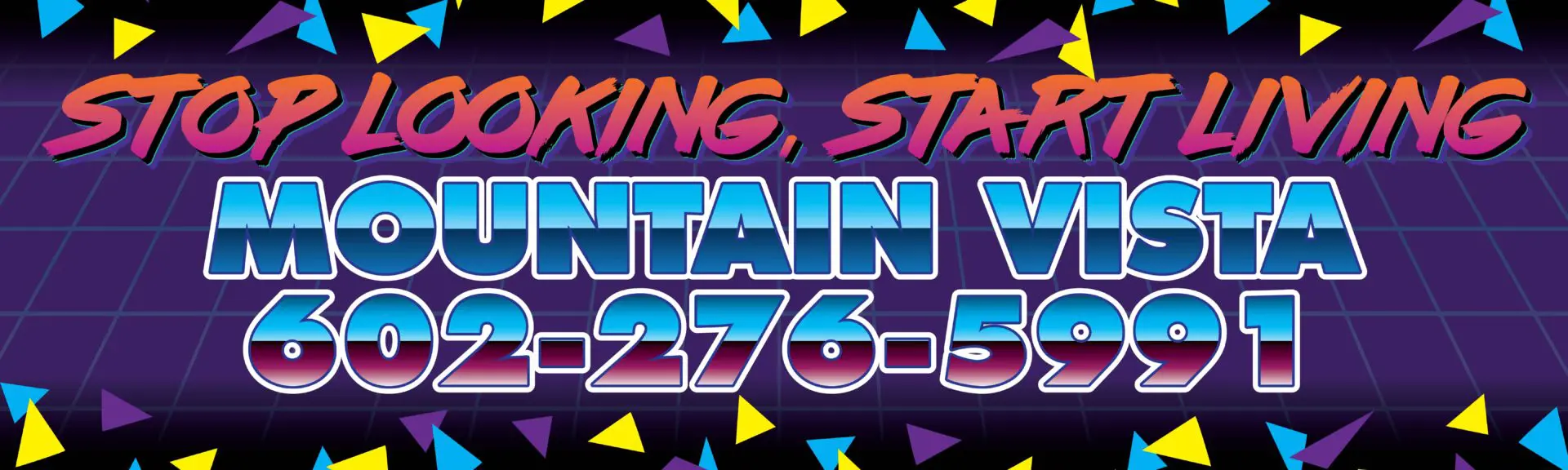 Colorful Mountain Vista advertisement with contact number.