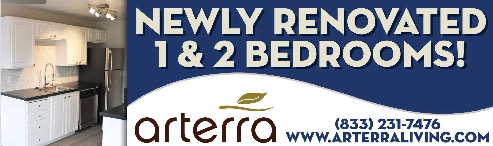 Newly renovated apartments advertisement with contact information.