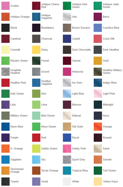 Color swatches with various shade names.