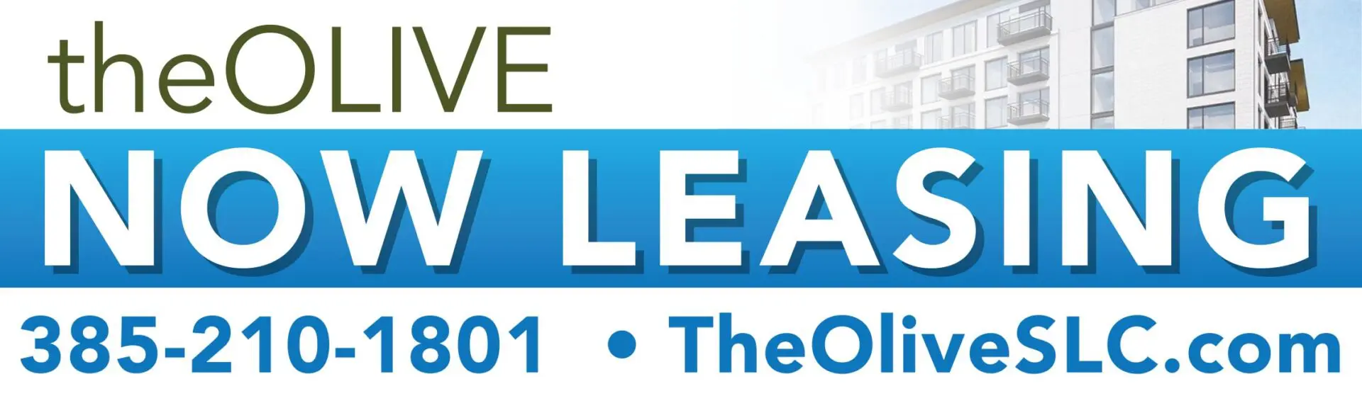 Now leasing advertisement for The Olive apartments.