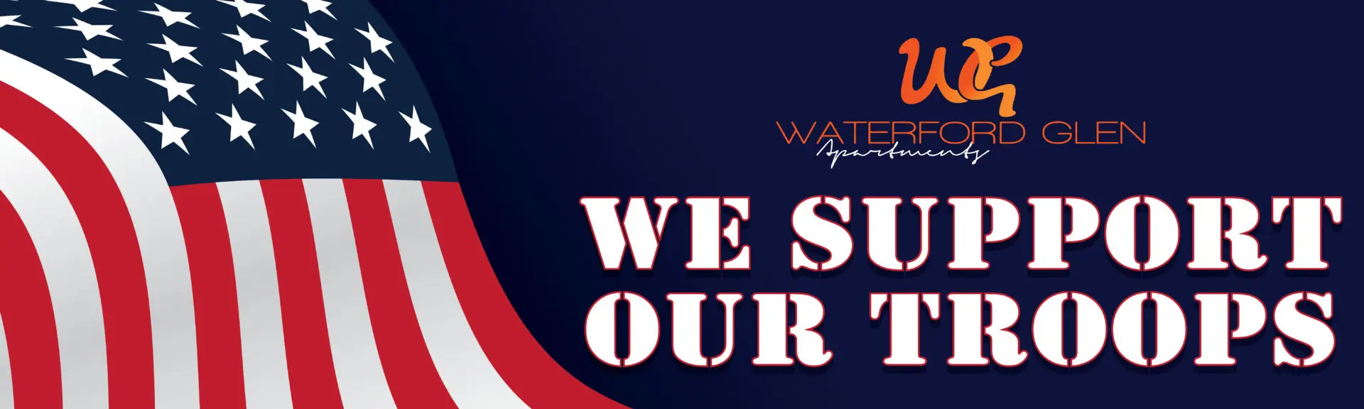 American flag with "We Support Our Troops.