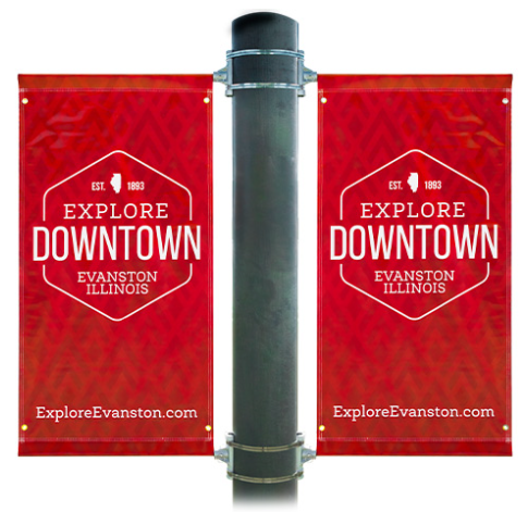 Red banners promoting Downtown Evanston, Illinois.
