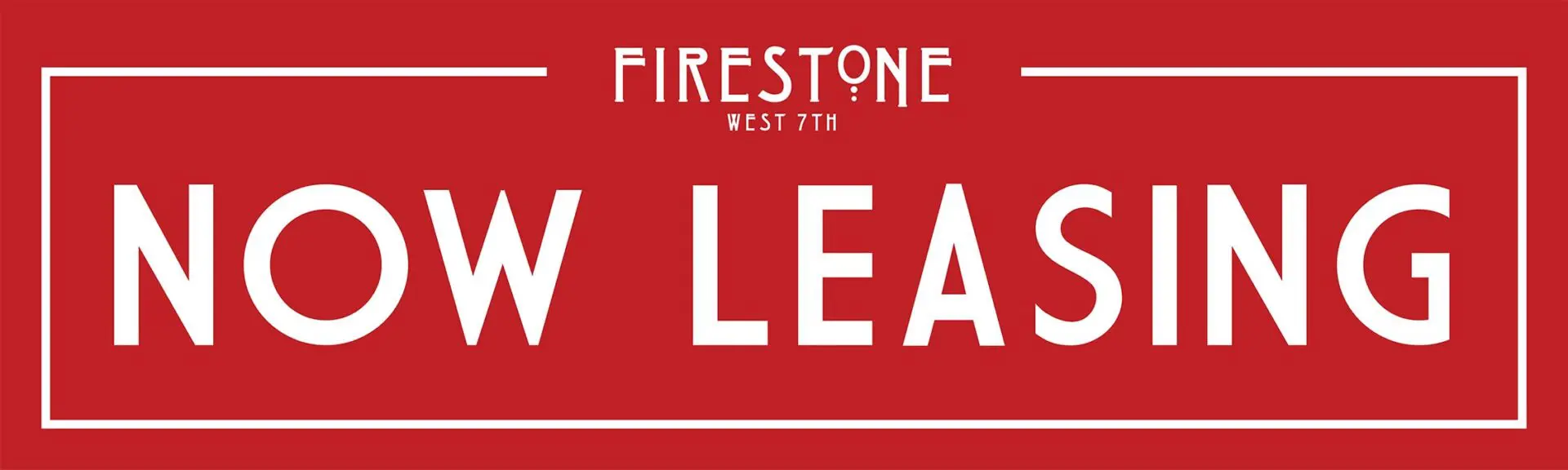 Red sign with "Now Leasing" text.
