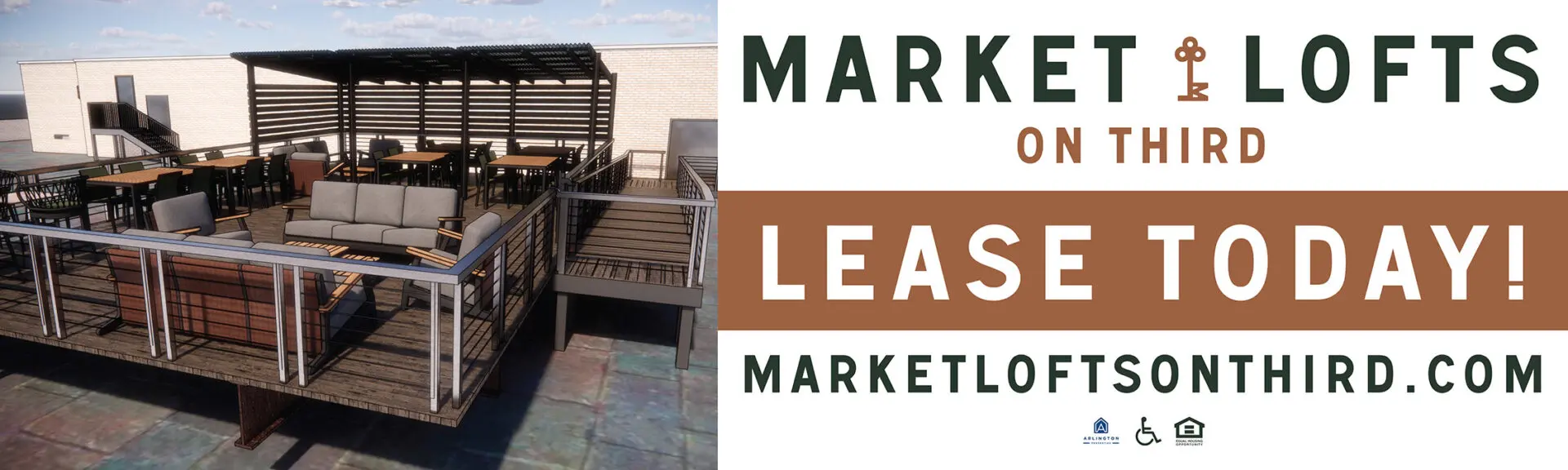 Rooftop patio with "Lease Today" advertisement.