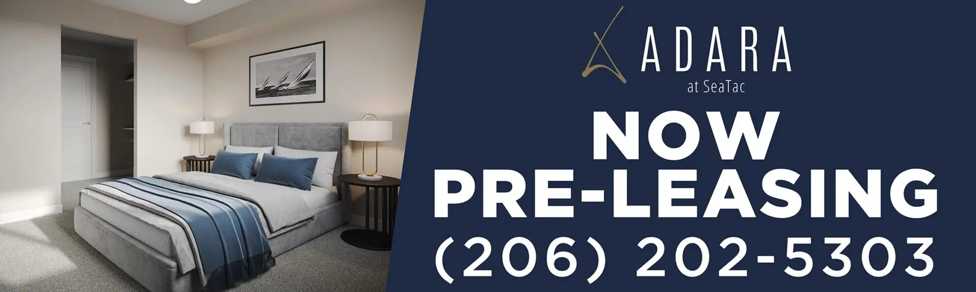 Bedroom with pre-leasing advertisement for Adara.