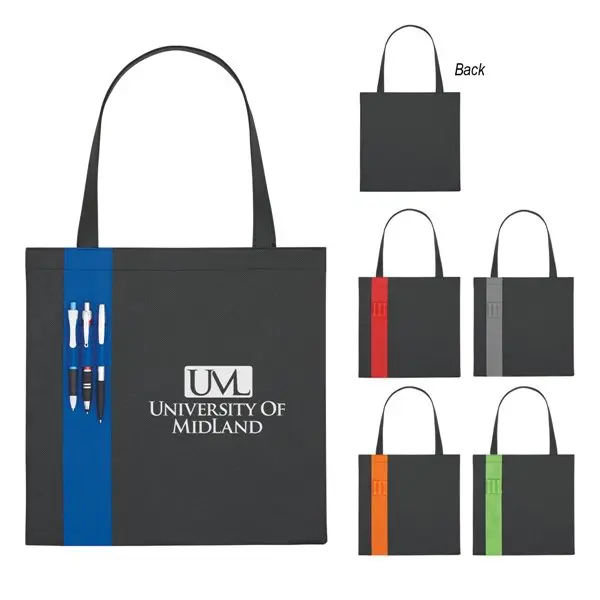 Tote bags with pens and university logo.