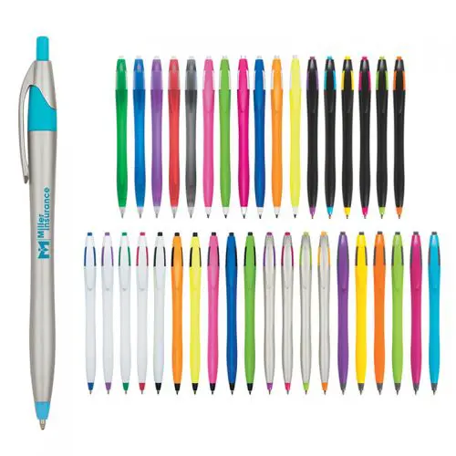 Colorful assortment of pens in various designs.