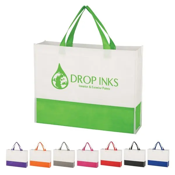 Reusable shopping bags in various colors displayed.