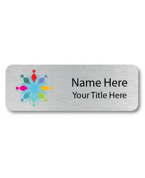 Name badge with colorful abstract design.