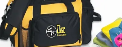 Yellow and black bag with folded clothes.