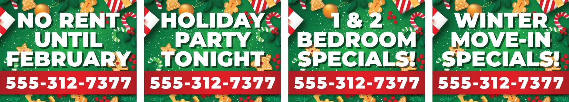 Holiday apartment specials with contact number.