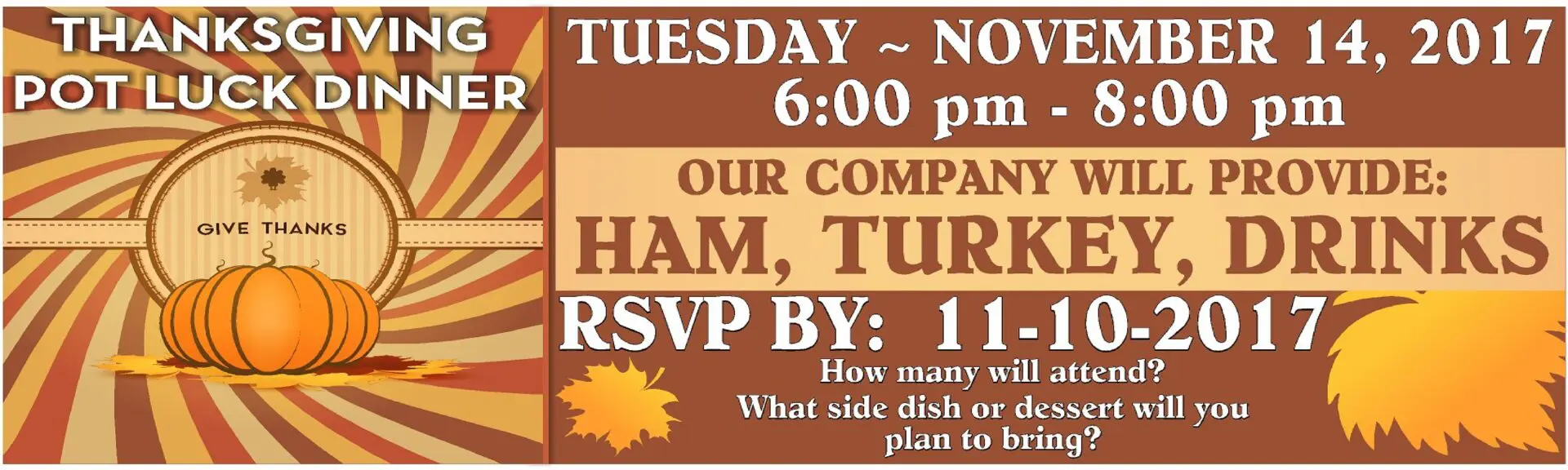 Thanksgiving potluck dinner invitation with pumpkins.