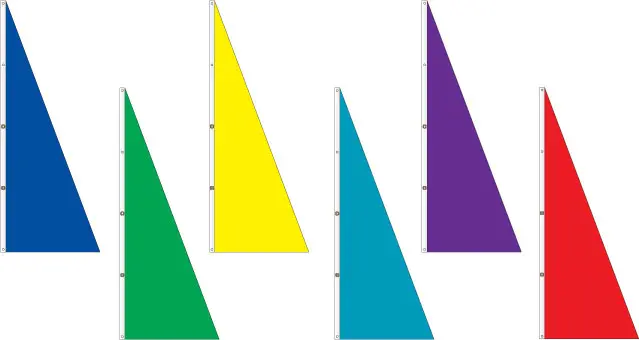 Colorful triangular flags on white background.