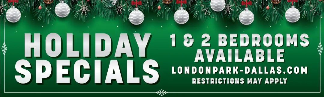 Holiday specials, 1-2 bedrooms available, green background.