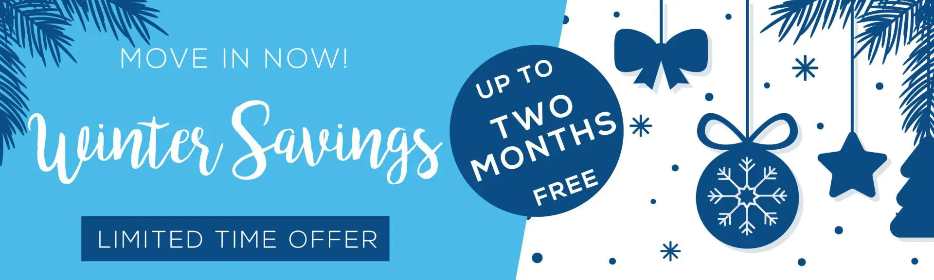 Winter savings offer with holiday decorations.