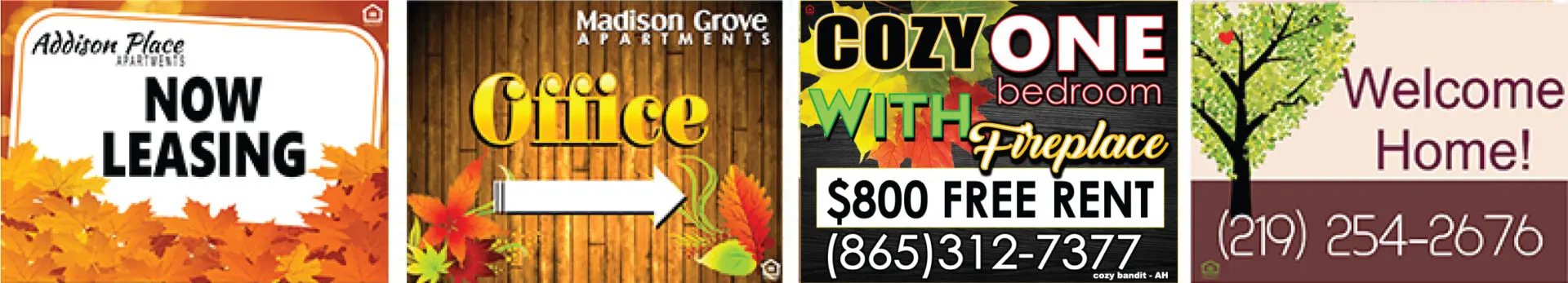 Apartment leasing and contact information signs.