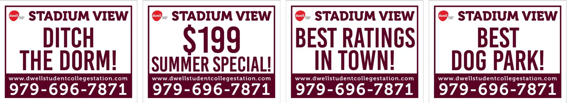 Stadium View promotional signs with contact number.