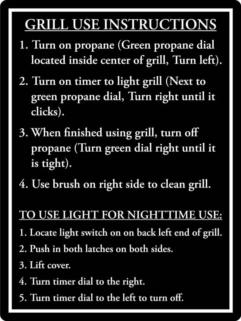 Grill use and nighttime light instructions.