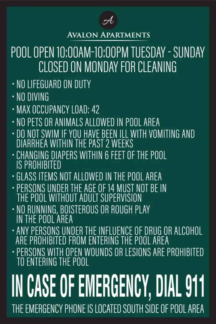 Avalon Apartments pool rules and emergency information.