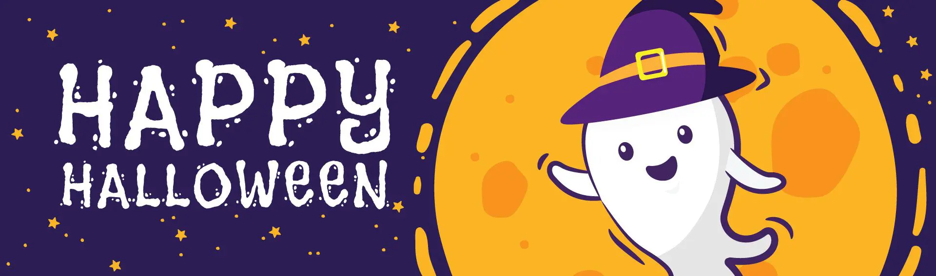 Happy Halloween ghost with witch hat.