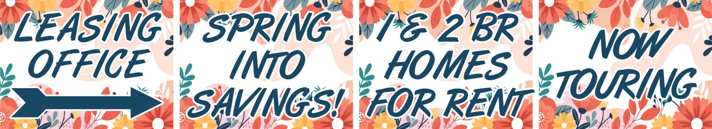 Leasing office sign with rental information.