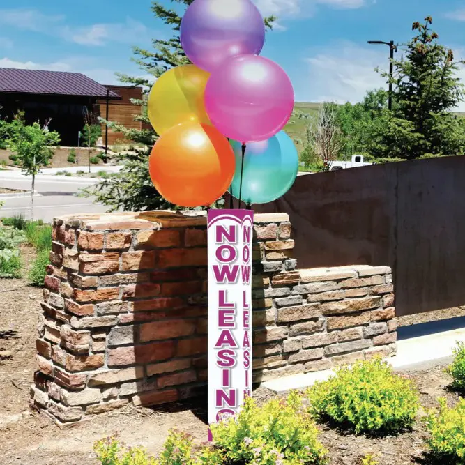 Colorful balloons with "Now Leasing" sign.