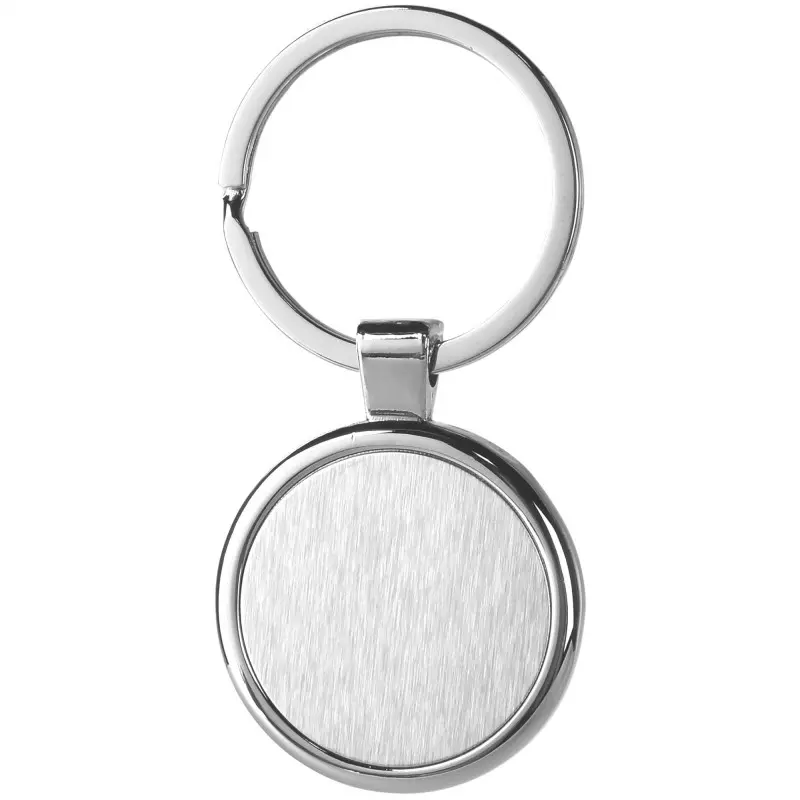 Silver round metal keychain on white background.