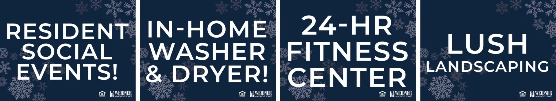 Apartment amenities: events, washer, fitness, landscaping.