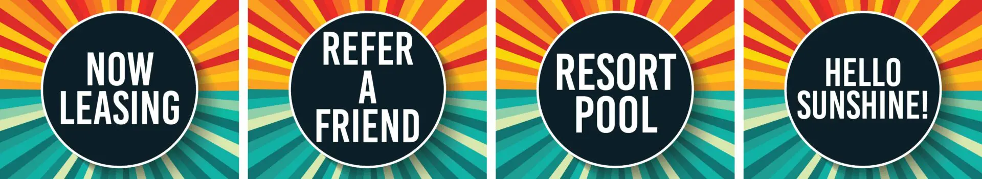 Colorful signs with leasing and pool messages.