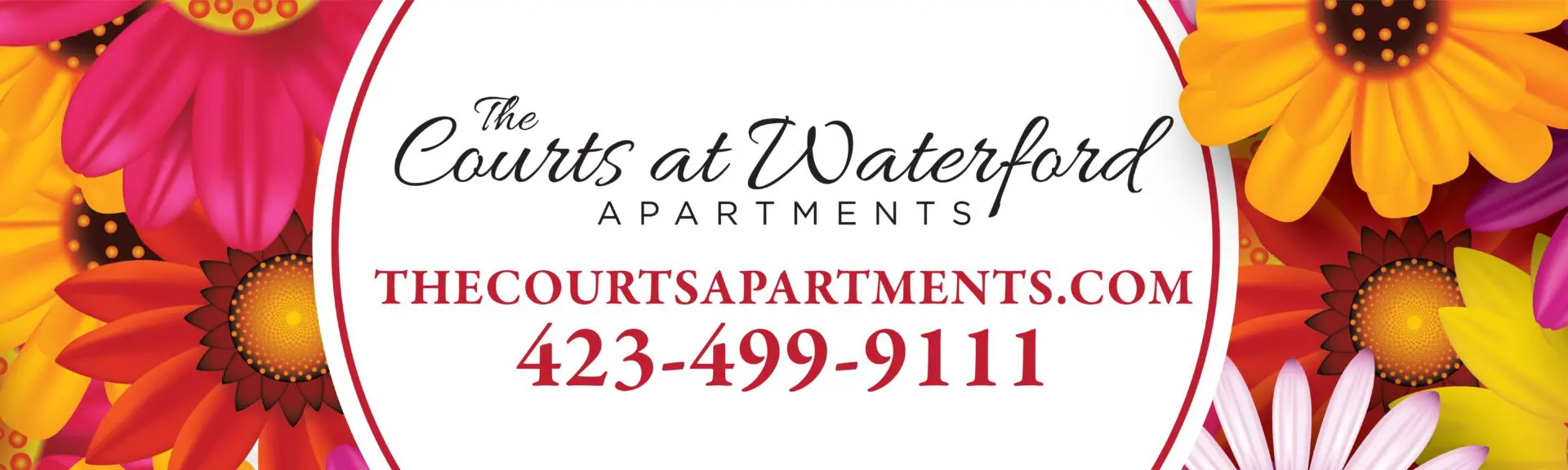 Floral-themed apartment advertisement with contact details.