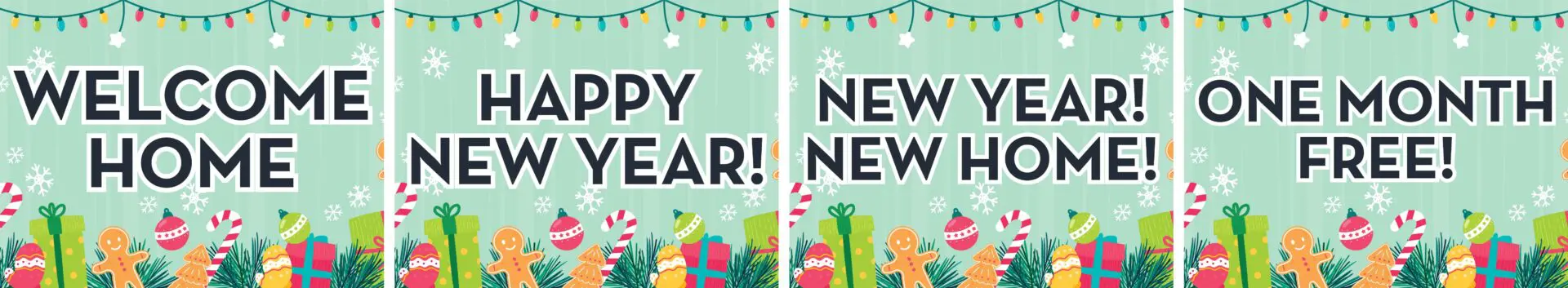 Festive banners with holiday messages and decorations.