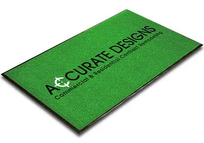 Green floor mat with company logo design.