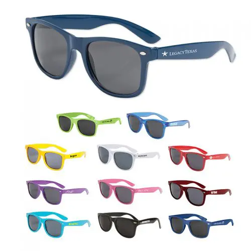 Colorful sunglasses collection with logo branding.