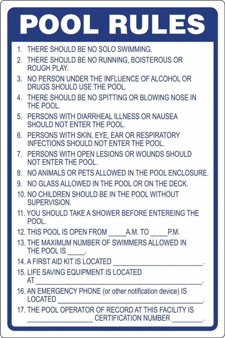 Pool rules sign with safety guidelines.