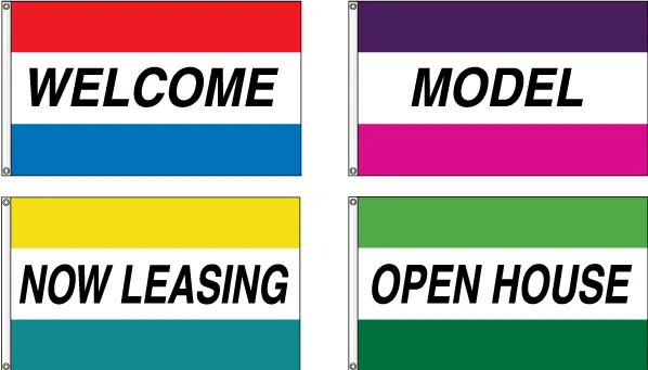 Four colorful flags with different messages.