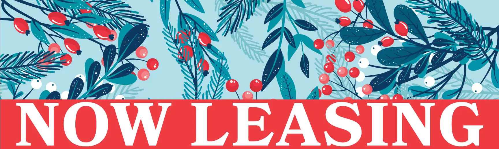 Now Leasing" sign with festive foliage.