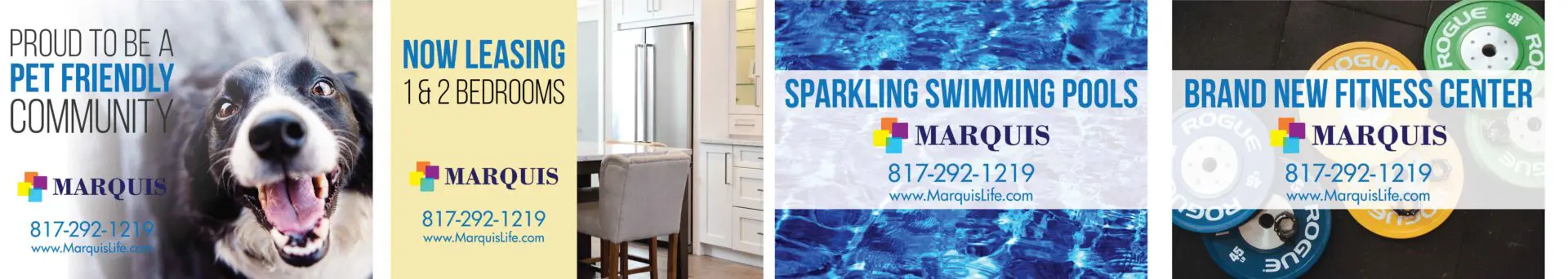 Apartment amenities and leasing information banners.