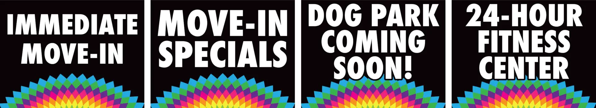 Apartment amenities and move-in specials advertisement.